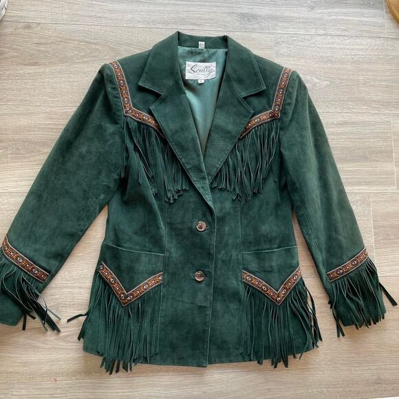 Scully Jackets & Blazers - Scully Women's sz 6 Green & Tan Suede Fringe Jacket Vintage 80's Leather Western